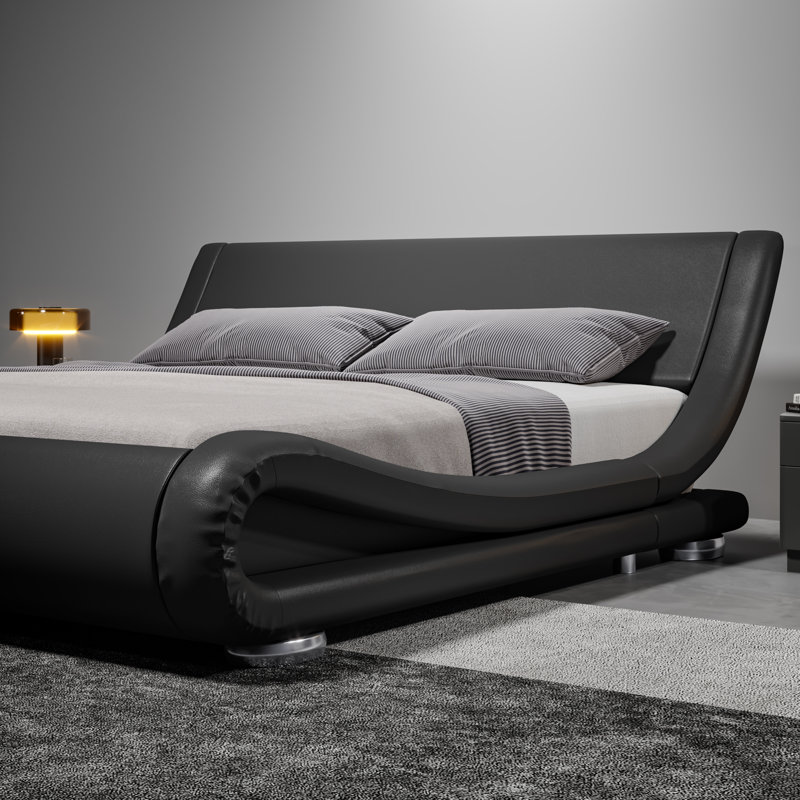 Orren Ellis Platform Bed Frame, Upholstered Faux Leather Low Orren Ellis Platform Bed Frame, Upholstered Faux Leather Low